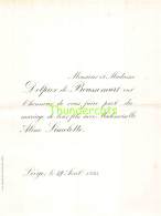 FAIRE PART MARIAGE DELPIER DE BOUSSEMART ALINE LIMELETTE LIEGE 1893 - Mariage