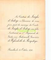 FAIRE PART MARIAGE COMTESSE DE JONGHE D ARDOYE  GENEVIEVE DE WYKERSLOOTH DE ROOYESTEYN BRUXELLES 1894 - Mariage