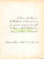 FAIRE PART MARIAGE  BARON DE BONHOME IDA GUILLAUME DUMONT CHATEAU DE HOGNE MARCHE 1894 - Mariage