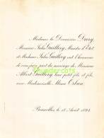 FAIRE PART MARIAGE DRORY JULES GUILLERY MINISTRE ETAT ALBERT MINA ORBAN BRUXELLES 1894 - Mariage