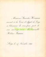 FAIRE PART MARIAGE  STANISLAS HERMAN AVOCAT HELENE JAMAR LIEGE 1894 - Mariage