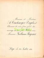 FAIRE PART MARIAGE  TISCHMEYER ENGELS HELENE GUILLAUME RUGEMER LIEGE 1894 - Mariage