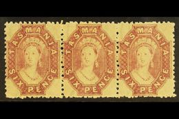 TASMANIA 1869 6d Reddish Mauve, Perf 12, Wmk Double Lined Numerals, SG 76, Superb Never Hinged Mint Strip Of 3. Lovely   - Other & Unclassified