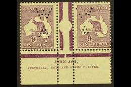 1932 9d Violet Roo (SG 133), ASH IMPRINT PAIR, Plate 4 - Second State (as BW 29zc), With "W / A" Perfin, Very Fine Mint. - Sonstige & Ohne Zuordnung