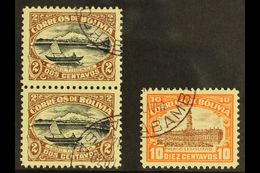 1916-17 PERFORATED COLOUR PROOFS. 2c Brown & Black Lake Titicaca Vertical Pair (Scott 113) And 10c Brown & Orange Parlia - Bolivien