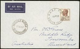 1952 (16 July) Airmail Envelope To Australia, Carried On The Qantas Route- Proving Survey Flight, Bearing KGVI 6½d, Tied - Kokosinseln (Keeling Islands)