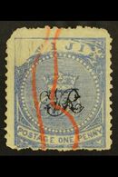1877 1d Blue On Laid Paper With VOID CORNER, SG 31b, Used With Red Crayon Cancel, Perf Faults. A Strong Example Of This  - Fiji (...-1970)