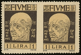 1920 1L Black D'Annunzio Variety "horizontal Pair Imperf Between", Sassone 122q, Very Fine Mint, Fresh & Scarce! Cat €60 - Fiume