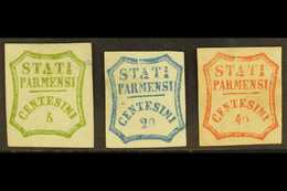 PARMA 1859 5c Yellow Green, 20c Blue And 40c  Vermilion, All Mint No Gum, Showing The Variety "line Through A T I", Sass - Non Classificati