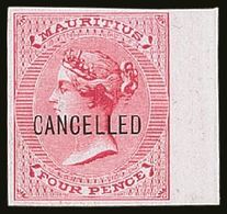 1863 4d Rose De La Rue (SG 62) IMPERFORATE PROOF OPT'D "CANCELLED" On White Card With 4 Good Margins (selvage At Right)  - Mauritius (...-1967)