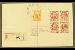 1951 (Nov) "Roger Wells" Envelope Registered To England, Bearing Australia ½d Roo And 100 Years Block Of Four Tied ANGOR - Papua Nuova Guinea