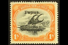 1907 1s Black & Orange Lakatoi Small "Papua" Overprint Watermark Vertical Line Perf, SG 44, Fine Mint, Very Fresh. For M - Papua Nuova Guinea