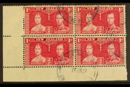 1937 New Zealand 1d Carmine (SG 599) "Coronation Issue" Used - Marginal Corner Block Of 4, SG Z54, Tied By Multiple "N.Z - Pitcairn