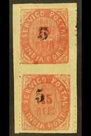 INDIA 5r On 15r Rose, Vertical Pair With Both Types Of "5" Surcharge Se-tenant, IMPERFORATE HORIZONTALLY, SG 101, Fine M - Other & Unclassified