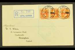 1922 Registered Cover To Birmingham Bearing Strip Of Three 1½d Orange Browns (SG 136) Tied Neat Apia Cds With "Apia, Sam - Samoa