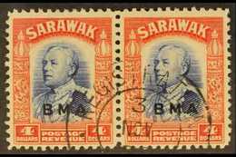 1945 $4 Blue & Scarlet "BMA" Overprint, SG 143, Fine Cds Used Horizontal PAIR, Fresh. (2 Stamps) For More Images, Please - Sarawak (...-1963)