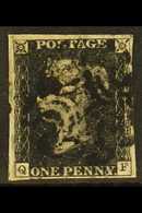 1840 1d Black 'QF' RARE PLATE XI, SG 2, Used With 4 Margins & Black MC Cancellation, Small Thin In Margin At Left Clear  - Unclassified