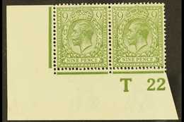 1912-24 9d Olive-green, SG 393a, Fine Mint Lower Left Corner CONTROL NUMBER 'T 22' PAIR Perf Type 2 (single Extension Ho - Non Classificati