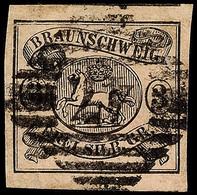 1177 "47" - Wolfenbüttel, Zentrischer Abschlag In Schwarz, Kopfstehend Auf 3 Sgr. Schwarz Auf Mattrosa, Breitrandig, Pra - Brunswick