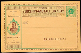 3225 DRESDEN HANSA, GS-Postkarte 2 Pfg, Ungebrauchte "MITTHEILUNGS-KARTE" Zu Ehren Des Geburtstages Kaiser Wilhelm II. A - Other & Unclassified