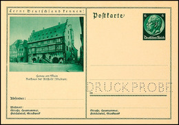 4442 Druckprobe, 6 Pfg Hindenburg Grün, 6 Pfg Braun Und 6 Pfg Hitler Bildpostkarte Mit Entsprechender Lochung In Versali - Other & Unclassified