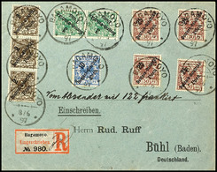 5191 25 Pesa Auf 50 Pfg Krone/Adler, 4 Stück Mit Zufrankatur, U.a. 3er-Streifen 2 Pesa Auf 3 Pfg, Auf R-Brief Von "BAGAM - German East Africa