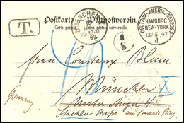 5763 1897, DASP HAMBURG NEW-YORK 13.5.97 D, Glasklar Auf Unfrankierter AK "D. Fürst Bismarck) Mit Nachgebühr-Stempel Und - Other & Unclassified