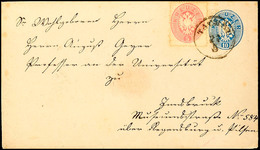 10238 5 Kreuzer Doppeladler Im Oval Rosarot Als Zusatzfrankatur Auf GA-Umschlag 10 Kr. Blau, Von TASCHAU 27/5 (K1) Nach  - Other & Unclassified