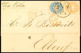 10242 10 Kr. Blau Mit 15 Kr. Hellbraun, 5. Ausgabe, Als Buntfrankatur Auf Auslandsbrief Von WIEN 6/2 (K1 1865) Nach Elbe - Other & Unclassified