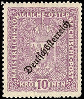 10245 10 Kr. Schwarzbraunviolett, Type I, Aufdruck "Deutsch-Österreich", Ungebraucht Mit Originalgummierung Und Minimale - Other & Unclassified