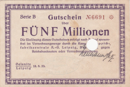 Billet De Fünf Millionen Mark  - Stadt LEIPZIG - 1923 - Billet Annulé - 5 Miljoen Mark