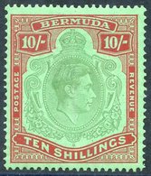 1938 10s Yellowish Green & Deep Carmine-red/green Showing 'broken Lower Right Scroll' HPF 60B, Fine M, SG.119be. Cat. £2 - Other & Unclassified