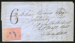 1858 Folded Out Letter Sheet To London With A 3d Rose (SG.4) Cancelled Blue 14.JA NATAL. The Postage Rate To The UK Was  - Altri & Non Classificati