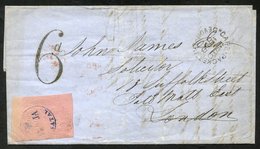 1858 Folded Out Letter Sheet To London With A 3d Rose (SG.4) Cancelled Blue 14.JA NATAL. The Postage Rate To The UK Was  - Autres & Non Classés