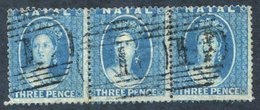 1859 3d Blue Perf 14 Strip Of Three (1st Is Creased), Light Cancels, SG.10. - Autres & Non Classés