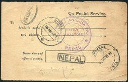 1929 Scarce ON POSTAL SERVICE Printed Card To India, Front Shows Oval KATMANDU Boxed NEPAL & FYZABAD Arrival, Also 1934  - Sonstige & Ohne Zuordnung