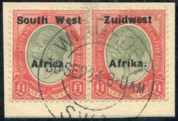 1924 £1 Pale Olive-green & Red Horizontal Pair, Neatly Cancelled & Tied On Piece By Windhoek 30 Sept 1924 Madame Joseph  - Sonstige & Ohne Zuordnung
