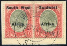 1924 £1 Pale Olive-green & Red Horizontal Pair, Neatly Cancelled & Tied On Piece By Windhoek 30 Sept 1924 Madame Joseph  - Autres & Non Classés