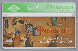 GB.- PhoneCard BT. WALT DISNEY CLASSICS PINOCCHIO. Avalable To Own On Video 24th May 1995. WH SMITH. 2 Scans - Autres & Non Classés