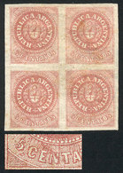 ARGENTINA: GJ.10, 5c. Rose Without Accent Over The U, Block Of 4, Mint Original Gu - Unused Stamps