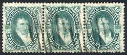 ARGENTINA: GJ.39, Belgrano 10c. Strip Of 3 With Mute Barred Cancel Of GOYA (Corrien - Other & Unclassified