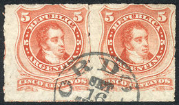 ARGENTINA: GJ.48, 5c. Rivadavia Rouletted, Pair Used In Córdoba, Excellent Quality, - Andere & Zonder Classificatie