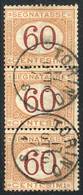 ITALY: Sassone 10, 60c. Ocher And Carmine, Vertical Strip Of 3 Cancelled "Torino - Strafport