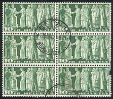 SWITZERLAND: Yvert 417, 1945 10Fr. Pax, Used Block Of 6, One With Defects, The Rest - Other & Unclassified