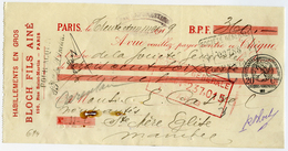 75 : PARIS - CHEQUE : BLOCH FILS AINE, 196 RUE SAINT-MARTIN, 1919 / CASTEL - STE MARIE EGLISE, MANCHE - Chèques & Chèques De Voyage
