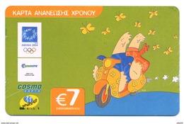 Grèce, Cosmo Karta 7 Euro, Thème, Moto, Scooter, Vespa, Logo Jeux Olympiques Athina 2004 - Motorbikes