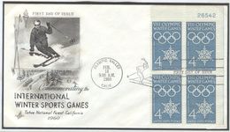 USA Illustrated Cover With Bloc Of 4 With Sheet Number With Olympic Machine First Day Cancel In The Special Type - Invierno 1960: Squaw Valley