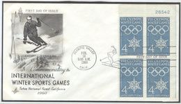 USA Illustrated Cover With Bloc Of 4 With Sheet Number With Olympic Machine First Day Cancel In The Special Type - Inverno1960: Squaw Valley