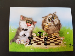 Delcampe - JEU - ECHECS - CHESS. Rare Modern Postcard - Dolotov "Cat Playing Chess With An Owl" - Schach