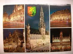 Carte Postale Belgique - Bruxelles La Nuit - Multivue ( Format 10X14.5 Couleur Timbre Deutsche Bundespost Tracteur ) - Brüssel Bei Nacht